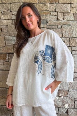 Lindin Linen Blend Crochet Flower Top White